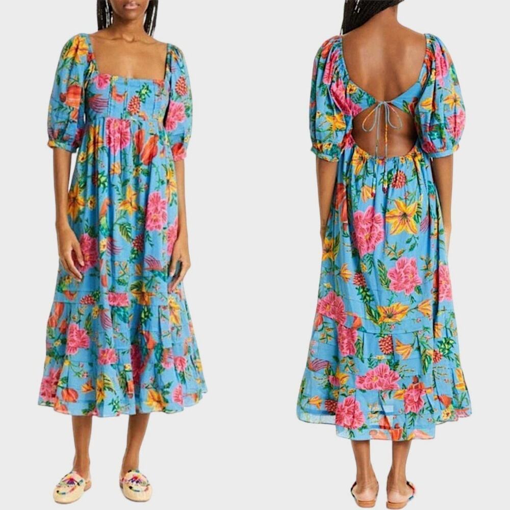 Farm Rio Toucans Garden puff sleeve blue midi dress size medium